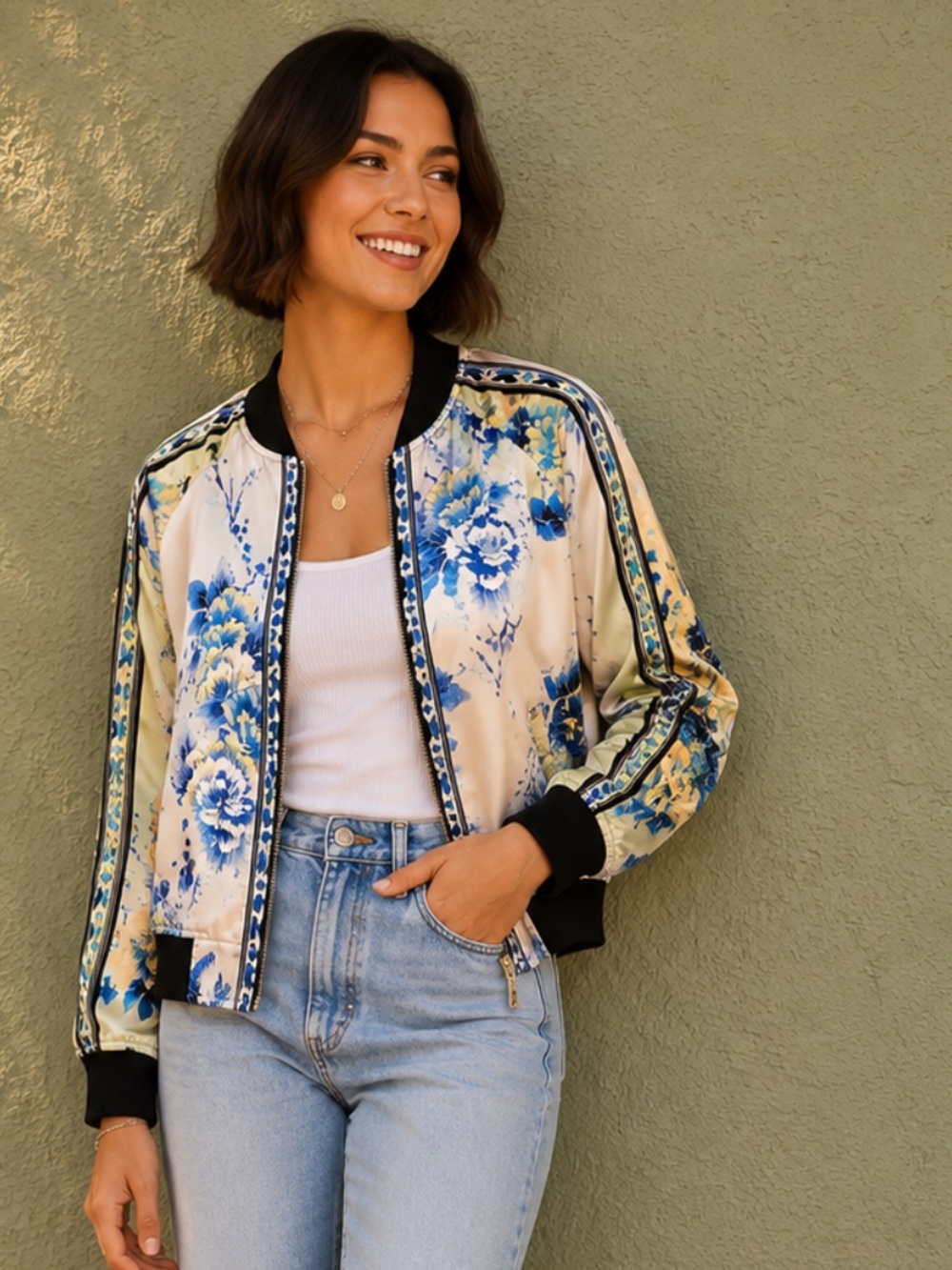 Flying Tomato Floral Bomber Jacket Blue Cream Satin Small
